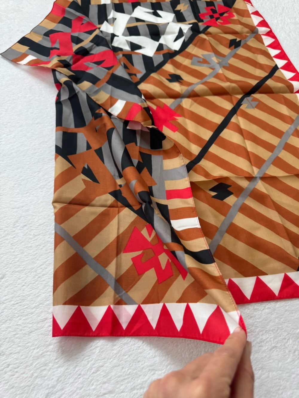 Geometric Pattern Scarf in Black, Brown, Red & Cream - Picture 6 of 6